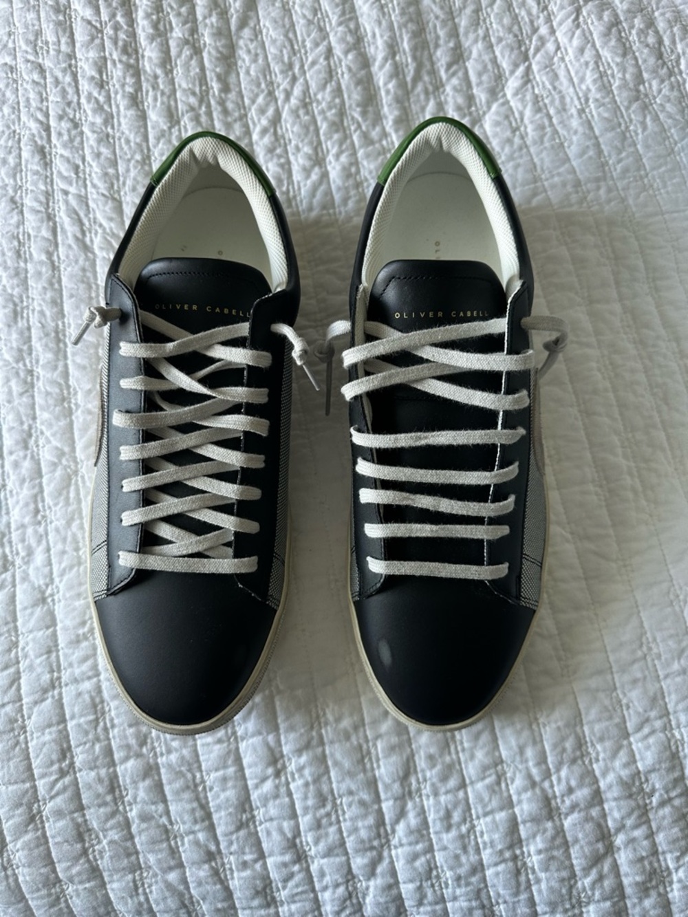 Oliver Cabell Black Leather Low-Top Sneakers with White Laces and Green Heel Tab